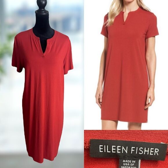 EILEEN FISHER Viscose Jersey Split Neck Dress Mandarin Size M - Picture 1 of 16